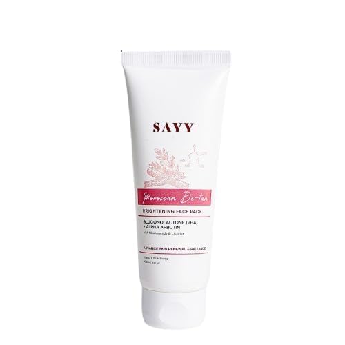 SAYY Moroccan De-Tan Brightening Face Pack for Advance Skin Renewal Radiance Clay Mask with Gluconolactone PHA, Alpha Arbutin, Niacinamide & Licorice, All Skin Types, 100g
