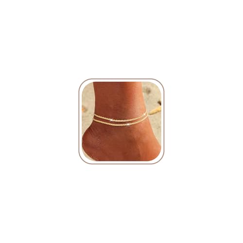 Fußkettchen für Damen Silber 925/Gold Fussketten für Frauen Wasserfest Doppelte Herz Perlen Plättchen Twist Infinity Fußkette Boho Verstellbare Layered Sommer Strand Fußschmuck für Teenager Mädchen