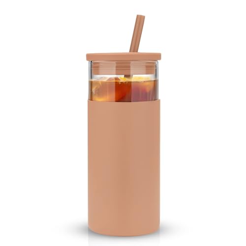 Tronco 20 oz Glass Tumbler With Lids and Straws, Reusable Smoothie Cups With Silicone Lid, Iced Coffee Cup With Silicone Protective Sleeve, Dishwasher Safe- BPA Free(Coffee 1 Count)