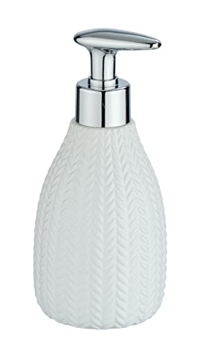 WENKO Flüssigseifenspender Barinas, nachfüllbares Accessoire für 300 ml Flüssigseife mit zartem Muster, Maße 7,8 x 18,3 x 8,8 cm, stillvoller Seifenspender in Weiß/Silber aus Keramik