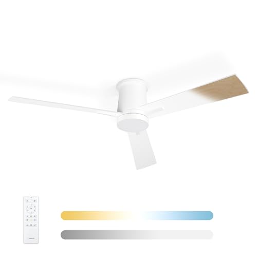 Noaton Ventilador de Techo con Mando a Distancia, Luz Ajustable 22,9 W, Blanco/Madera natural, Ultra Silencioso, 6 Velocidades, Temporizador, 3 Palas, Función Verano-Invierno, Ø132 cm