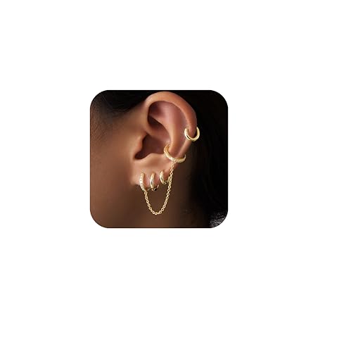 Image of Small Gold Huggie Hoop Earrings Set for Women Men Hypoallergenic 14K Plated Stack Cartilage Earrings, Sterling Silver Multiple Piercing Lightweight Mini Thin Cute Dainty Trendy Jewelry Gifts for Women