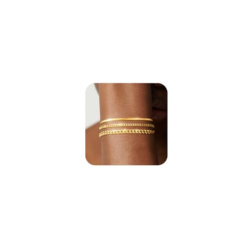 Bracelet for Women - Dainty Stack Bracelets Trendy Adjustable 14K Gold Plated Thin Paperclip Bead Box Satellite Figaro Cuban Link Chain Bracelet Set for Women Waterproof Jewelry Gift