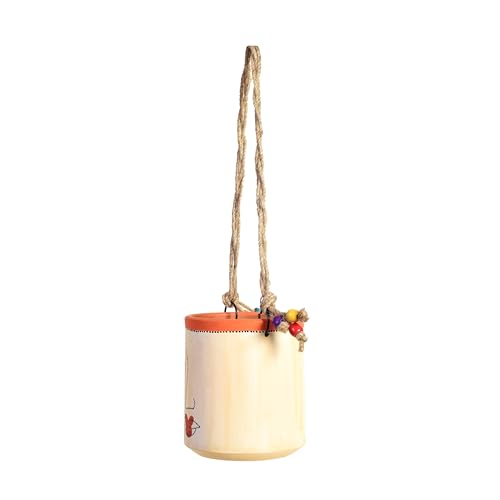 Image of AAKRITI ART CREATIONS Terracotta Hanging Planter | Handcrafted Artistic Face Design with Rope, Modern Art, White Matte Finish | Decorative Hanging Pot for Indoor & Outdoor Home Decor