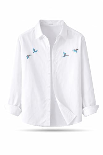 Image of Men's Cotton Blend Casual Wear with Bird Embroidery | Regular Fit Full Sleeve Button Down | Lightweight Summer Style for Daily, Office & Party