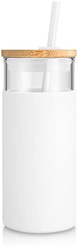 tronco 20 oz Glass Tumbler Glass Water Bottle Straw Silicone Protective Sleeve Bamboo Lid - BPA Free - White