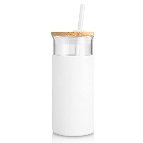 Tronco 20 oz Glass Tumbler with Lid and Straw, Iced Coffee Cup and Smoothie Cup with Bamboo Lids & Protective Silicone Sleeve, Dishwasher Safe, BPA-Free, Glass Cup 1 Pack White 20 Ounces (Pa
