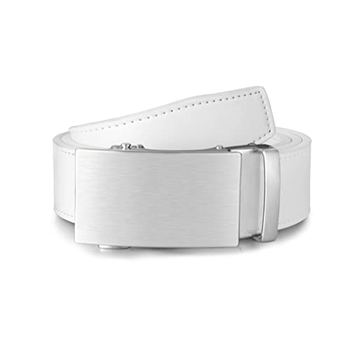 Milorde Belt Men, Ratchet Belt Dress With 1 3/8" Premium Leather, Slide Belt With Easier Adjustable Automatic Buckle (Brushed Metal - White, 36" To 42" M804-125) #TOP1