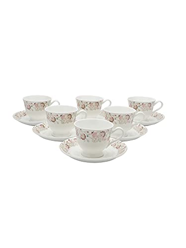 Image of Clay Craft New Georgian Series Fine Ceramic Cup&Saucer Set of 12 (6 Cups+6 Saucers) Red&White Floral Design-Gift to Your Loved Ones On Any Occassions.,Medium (Cc-Cs12-Newgeorgian-S398) 180 Milliliter