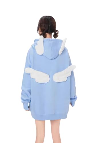 grhaat Kawaii Japanese Anime 3D Angel Wings Detachable Hoodies Star Rivet Letter Print Y2k Harajuku Cutecore Sweatshirt, Blue, S