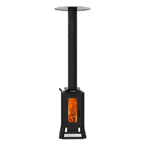 70,000 BTU Wood Pellet Outdoor Patio Heater with Glass Viewing Window – Pellet Heaters for Outdoor Use, Home, Gardens & Commercial - Portable with Wheels – Black