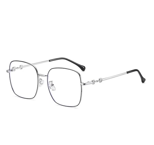 HMKING 大きなスクエアメタルフレーム ブルーライトブロックメガネ レディース メンズ 紫外線防止 コンピューター読書/ゲーム/テレビ/電話用メガネ レディース メンズ, シルバー-ブラック-シルバー。, M