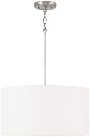 HomePlace Lighting 314632BN-659 Alan Modern White Fabric Drum Pendant Light, 3-Light 300 Total Watts, 9"H x 18"W, Brushed Nickel