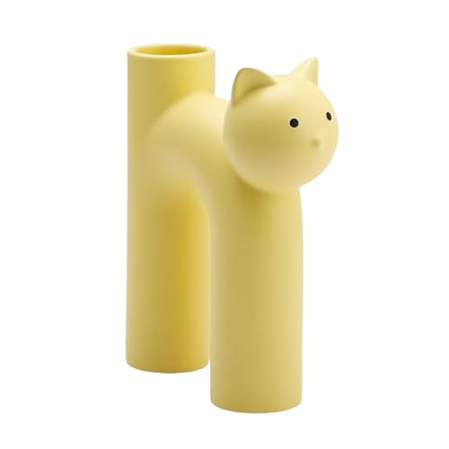 Pot de fleurs en forme de chat en céramique mignon, minimaliste et Boho pour décoration de pièce maîtresse de cuisine et maison de séjour (jaune)