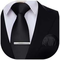 HISDERN Solid Color Tie and Pocket Square with Tie Clips Men's Wedding Party Necktie Handkerchief Set