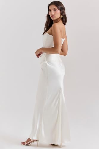 Image of ANKOMINA Women's Strapless Boned Corset Satin Dress Sexy Backless Pleated Stitching Dresses for Wedding Cocktail