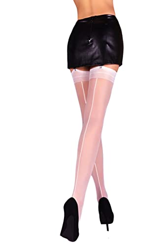 Image of Mila Marutti Women's White Seamed Thigh High Stockings | Sheer Bridal Pantyhose for Garter Belt | Back Seam Silky Nylons - White, L