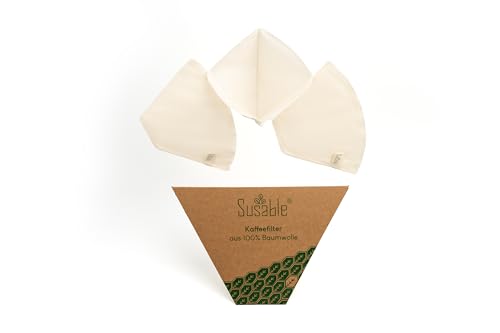 Susable Filtro da caffè riutilizzabile 100% cotone biologico, (taglia 3) Sacchetti filtranti per macchina da caffè e filtro manuale, Filtro permanente riutilizzabile 3 pezzi…