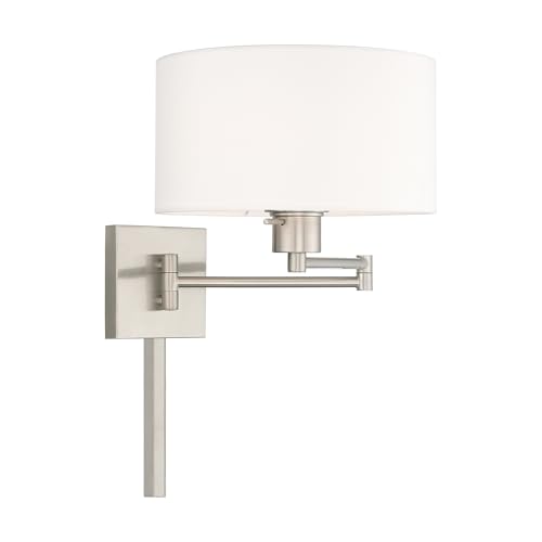 Image of Livex Lighting 40036-91 1-Light Swing Arm Wall Light, Brushed Nickel | Off-White Fabric Shade