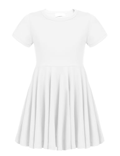 Trudge Mädchen Swing Kleider für Kinder Sommerkleid Hem Skaterkleid Kurzarm T Shirt Kleid Baumwolle Prinzessin Kleid einfarbig Basic FatternKleid Rundhals Freizeitkleidung Gr.92-164, A Weiß, 120