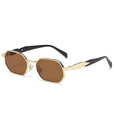 Image of Retro Hexagonal Designer UV Protected Unisex Oval Sunglasses for Men Women | Stylish UV400 Protection Metal Frame Branded Geometric Goggles for Driving Fashion Party Sqaure Shades