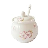 TOGEVAL Azucarero de Blanca con Tapa y Cuchara Recipiente Resistente Altas Temperaturas para Especias y Condimentos Diseño Floral Creativo para Almacenamiento Cocina