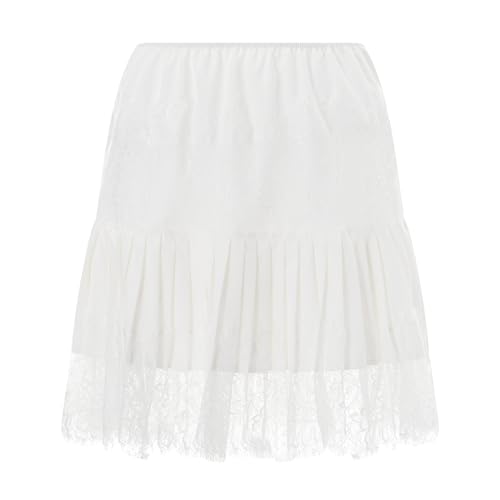 Image of Women Y2k Lace Mini Skirt Ruffle Layered Flowy Half Slip Skirts Underskirt | Y2K Low Rise Floral Lace Trim Slip Skirt Dress Extender Frilly Pleated Tiered Satin Short Skirt Sheer Underneath Under Dress