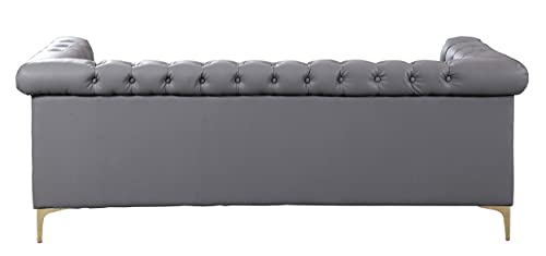 Iconic Home Winston Nail Head Tone Legs Pu Leather Modern Contemporary Button Tufted With Gold Nailhead Trim Goldtone Metal Y-Shaped Feet Sofa, Grey #TOP6