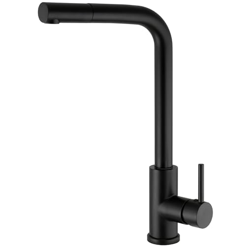 VALAZ Grifo Cocina Extraible Negro Mate | Grifos Cocina Fregadero | Alta Presión, Monomando, Giratorio 360º, Ahorro de Agua | Instalación Fácil y Rápida | Latón, Acero Inoxidable, Serie Amur