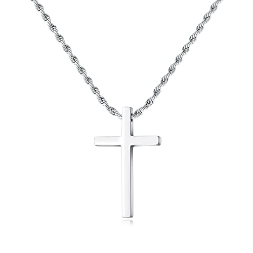 Luxejew Silver Cross Necklace For Men, Stainless Steel Silver Cross Chain Pendant Necklace For Men Boys Mens Cross Necklaces Cross Chain Necklace For Boys Jewelry Gift Rope Link Chain 18 Inches #TOP4