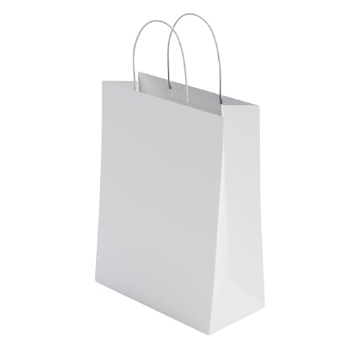 50 Pcs Small White Paper Party Bags with Handles Colourful Paper Gift Bags for Kids Parties Weddings Birthdays Baby Showers Xmas and Sweets 18x22x8cm Kraft Bags