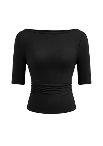 PRETTYGARDEN Womens Summer Short Sleeve Tops Boat Neck Ribbed Knit Slim Fit T Shirt Casual Basic Top 2026 Spring Clothes (Black Medium)