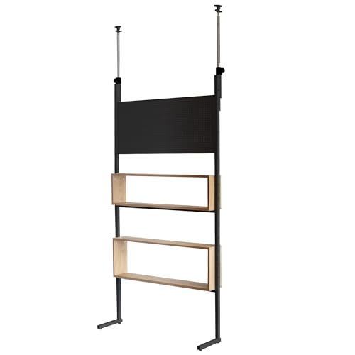 B&E 突っ張り ラック 幅90 つっぱり 棚 パンチングボード 有孔ボード壁面収納 ウォールラック DIY・穴あけ・工事不要 簡単取付 段差対応 幅90×奥行25.5×高さ194.5〜275cm フック マグネット付き ナチュラル 黒