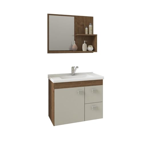 Gabinete Suspenso Isa Lavatório Marmorite Espelheira Banheiro 1 Porta 2 Gavetas Marrom e Off White