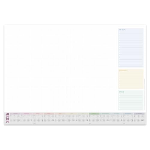 PuK Schreibtischunterlage mit Kalender 2026 bunt | DIN A2 | 25 Blatt zum Abreißen mit praktischen Listen | optional Kantenschutz | Schreibtischunterlage Papier A2 Kalender 2026 (mit Kantenschutz)