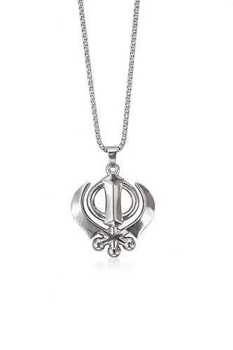 Image of Khanda Sikh Symbol Pendant Necklace for Men & Women | Stainless Steel Silver Religious Khalsa Pendant with Chain | Spiritual Sikh Jewellery | Daily Wear | Gift for Men & Women