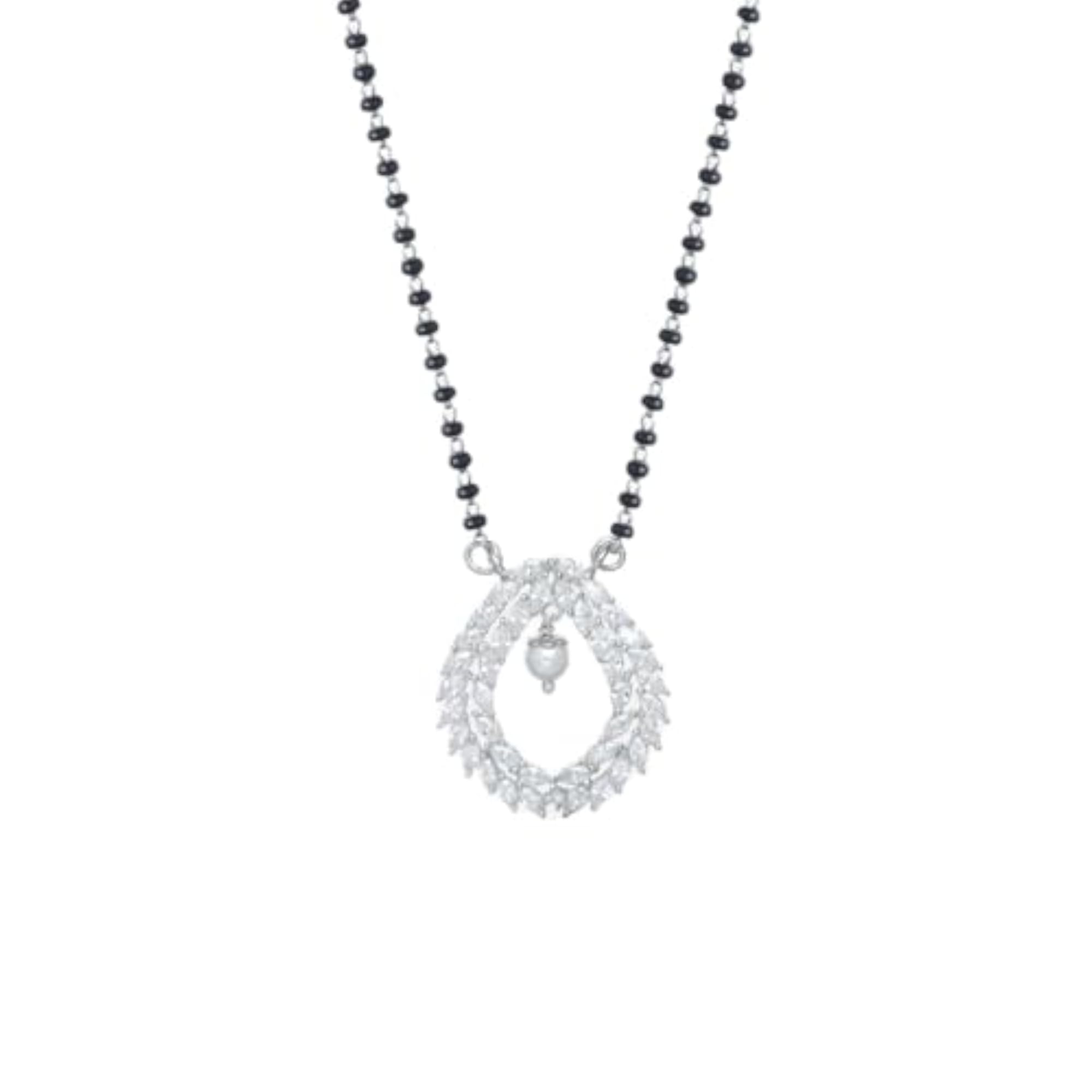 Elegant Pearl Mangalsutra Necklace with Black Beads and Silver Crystal Pendant