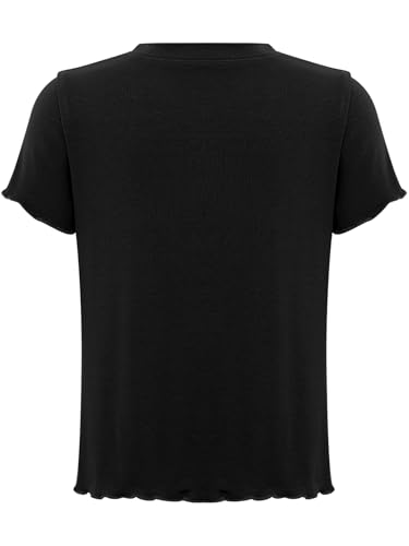 Kids Girls Crew Neck Short Sleeve Tee Shirts Lettuce Hem Tops Casual Summer Button Front Solid Color Blouse4