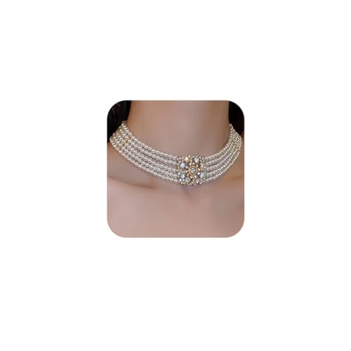 Octwine 1920s Dainty Boho Rhinestones Pearls Short Choker Necklace Chain Multilayer Choker Necklaces