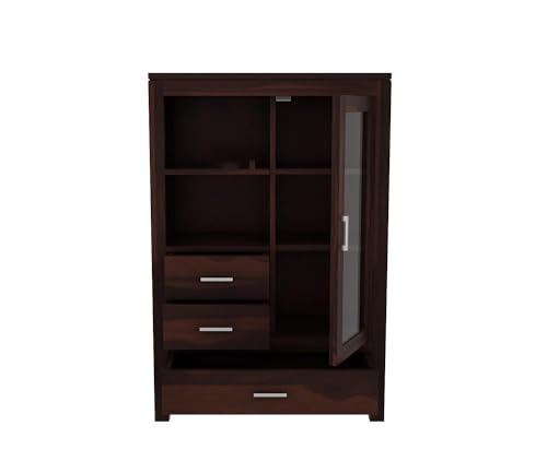 Image of Wood Book Shelf for Home Library || Wooden Cabinet with Glass and Drawer Storage || Crockery Cabinet for Kitchen || Book Shelfwith Door (Walnut Finish)