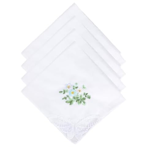 11" Embroidered Lace Cotton Handkerchiefs for Women, White Elegant Floral Ladies Hankies with Lace Edge, Sophisticated Soft Flower for Daily Use Tea Party Wedding (4 Pcs) Cover