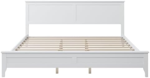 Miniatura 38 de Base de cama de tamaño matrimonial con cabecero y estribo, cama de plataforma de madera maciza blanca de estilo conciso moderno para niños,