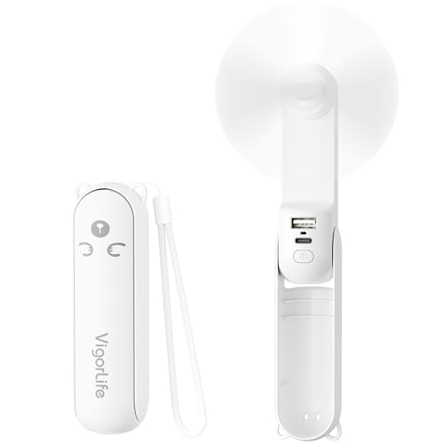 Morelax Portable Fan, Mini Handheld Fan with Power Bank, Cute USB Rechargeable Pocket Fan, Foldable Small Cooling Fan with LED Light, Personal Travel Fan,Summer,Beach Essentials,Summer Gift for Women