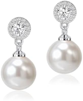 Elegant Cubic Zirconia Pearl Drop Earrings for Women Bride Bridesmaid Wedding Prom, 925 Sterling Sil...