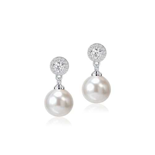 Elegant Diamond Pearl Drop Earrings 925 Sterling Silver Post Cubic Zirconia Gold Long Dangle Pearl Earrings for Brides Bridesmaids Wedding Party Everyday Wear
