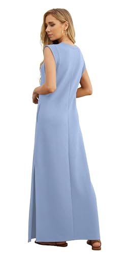 Image of GRECERELLE 2026 Women Year-Round Casual Round Neck Loose Split Wrinkle-Free Long Maxi Vacation Dress with Pockets (XXS-4XL)