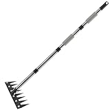 Heavy Duty Iron Weeding Rake with Long Handle - Carbon Steel Garden & Weed Rake Tool for Removing Weeds, Loosening Soil, Cleaning Flower Beds, Pine Needles & Lawn Prep (6 Tines)