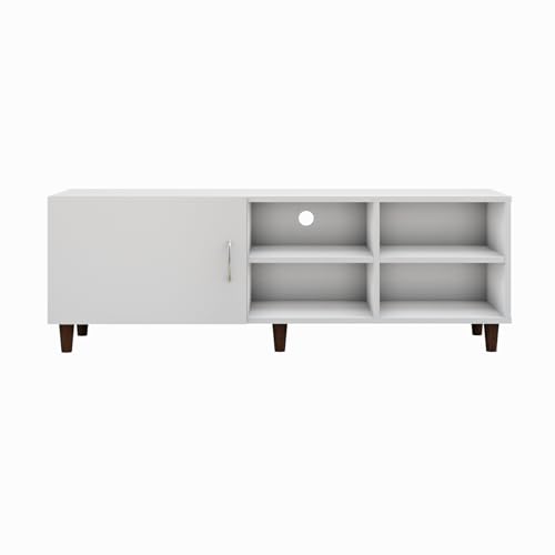 Image of VIKI Modern TV Unit for Living Room | Engineered Wood TV Cabinet with 1 Door Storage & 2 Open Shelves, Set Top Box Stand, Entertainment Unit, 140W x 48H x 40D cm | DIY | 1 Year Warranty (White)