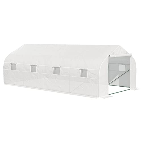 Outsunny Invernadero de Jardín 6x3x2 m Tipo Túnel para Cultivo Plantas Verduras con 8 Ventanas Transpirables y Puerta Enrollable con Cremallera Acero Blanco