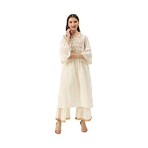 kurti sets for women with palazzo Ready to Wear Indische Kurta Tunika Tops with Trousers Party Wear, Off-White & Golden, Medium Cover